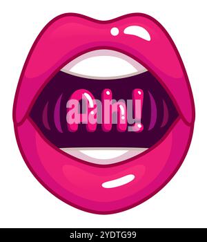 Le labbra rosa lucide di una donna sono ampiamente aperte, dicendo ah. con vibrazioni sonore visibili Illustrazione Vettoriale