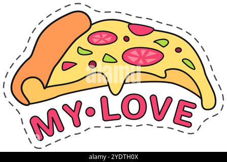 Fetta di pizza con formaggio gocciolante e le parole che amo esprimere affetto per questo piatto popolare Illustrazione Vettoriale
