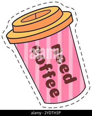 Tazza da caffè in carta a strisce rosa con coperchio arancione e lo slogan Need Coffee che rappresenta la pausa caffè, isolata su sfondo bianco Illustrazione Vettoriale