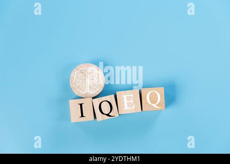 Cubo di blocco in legno che capovolge EQ in IQ. IQ minimo cubo di legno. progettazione del concetto di lavoro aziendale. Dati del cervello Foto Stock