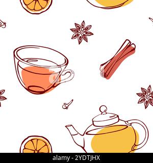 Tè e spezie invernali senza cuciture. Teiera, tazza, cannella, anice e fette arancioni disegnate a mano su sfondo bianco. Stampa moderna senza fine Illustrazione Vettoriale