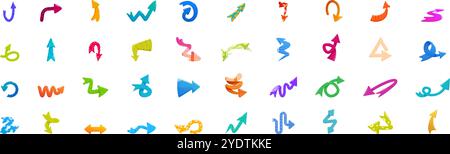 Set di icone a freccia eccentriche. Serie di frecce colorate rivolte verso l'alto, verso il basso, a sinistra, a destra e diagonalmente, indica varie direzioni e movimenti Illustrazione Vettoriale
