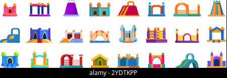 Set di icone gonfiabili. Colorate strutture di gioco gonfiabili con castelli, scivoli e percorsi ad ostacoli, che offrono emozionanti attività per i bambini Illustrazione Vettoriale