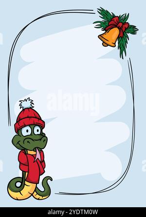 Tessera di Capodanno 2025. Illustrazione vettoriale con il simbolo dell'anno, un serpente in un cappello invernale e sciarpa. Cornice per testo, Illustrazione Vettoriale