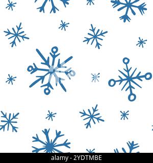 Fiocchi di neve Doodle motivo senza cuciture. Fiocchi di neve blu su sfondo bianco. Design stampato per Capodanno, Natale e inverno. Illustrazione Vettoriale
