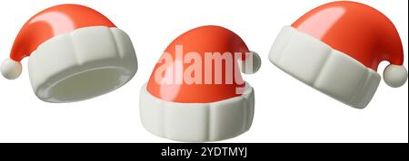 Cappelli rossi di Babbo Natale collezione vettoriale 3d elementi in costume natalizio e Capodanno Illustrazione Vettoriale
