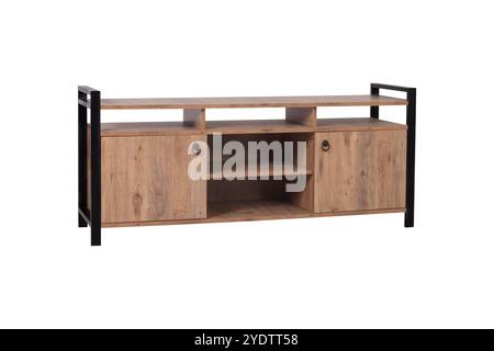 Moderno supporto TV in legno con porte scorrevoli e scaffali aperti - Console multimediale elegante e funzionale per il soggiorno Foto Stock