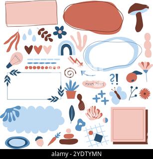 Set di vari elementi grafici isolati su sfondo bianco. Telai di fissaggio, divisori e scarabocchi Illustrazione Vettoriale