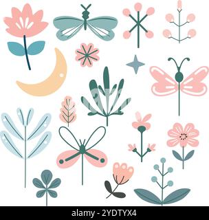 Illustrazione vettoriale di elementi del bambino con farfalle, piante, stelle e luna in colori pastello Illustrazione Vettoriale