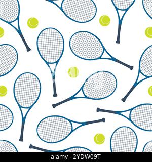 Effetto senza cuciture con racchette da tennis e palline su sfondo bianco Illustrazione Vettoriale
