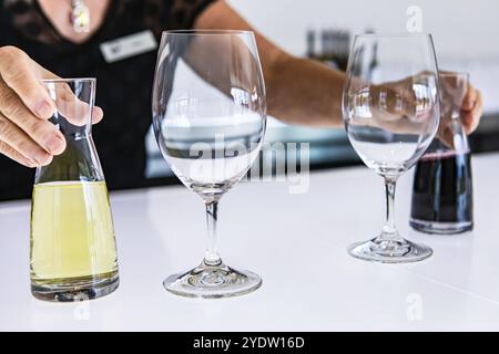 La barista donna mette in mano piccoli decanter pieni di vini rossi e bianchi. accanto a due bicchieri di vino vuoti in una luminosa sala di degustazione bianca Foto Stock