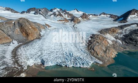 Aerea di un ghiacciaio, Kulusuk, Groenlandia, Danimarca, regioni polari Foto Stock