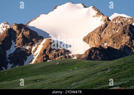 Le cime innevate si innalzano sopra le valli verdi nel bellissimo Kirghizistan, Asia centrale e Asia Foto Stock