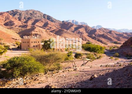 Feynan Ecolodge situato sulle banche di Wadi Feyman, riserva della biosfera di Dana, Giordania, Medio Oriente Foto Stock