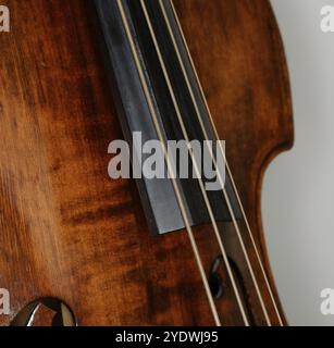 Primo piano di un basso doppio con stringhe fingerboard e fori F. Foto Stock