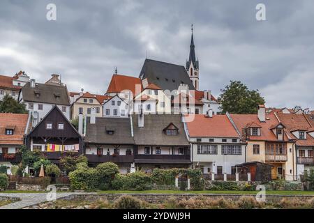 Case storiche lungo il fiume Moldava a Cesky Krumlov, repubblica Ceca Foto Stock