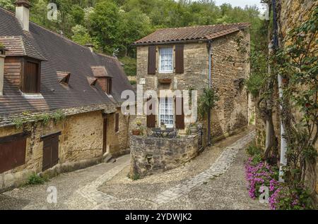 Strada con case storiche a Beynac-et-Cazenac, dipartimento della Dordogna, Francia, Europa Foto Stock