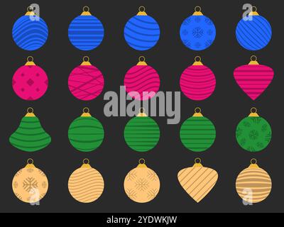 Set di icone delle palle di Natale. Decorazioni natalizie, ogni ornamento è decorato con fiocchi di neve e motivi a righe. Design natalizio per involucri, copertine, b Illustrazione Vettoriale