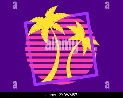 Palme al tramonto, sole retrò in stile anni '80. Silhouette retrò futuristiche di palme contro il sole in una cornice quadrata. Stile Synthwave. Progettare per Illustrazione Vettoriale