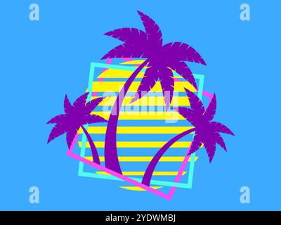 Palme al tramonto, sole retrò in stile anni '80. Silhouette retrò futuristiche di palme contro il sole in una cornice quadrata. Stile Synthwave. Progettare per Illustrazione Vettoriale
