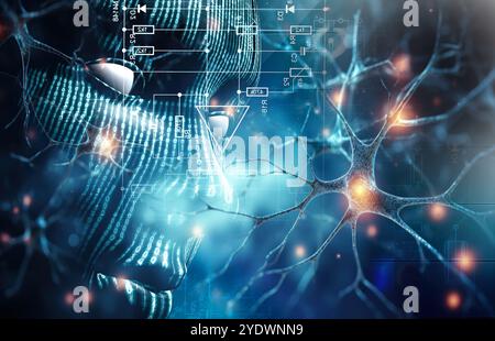 Vista laterale di una testa umanoide con rete neurale, che rappresenta tecnologia futuristica e apprendimento automatico.illustrazione 3d.neuronale artificiale. Foto Stock