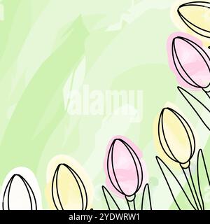 Tulipani in sfumature morbide alla moda cornice angolare su sfondo verde alla moda in stile acquerello. Schede illustrative vettoriali isolate, poster, volantini, opuscoli, banner, etichetta del prezzo, etichetta o idea promozionale web Illustrazione Vettoriale