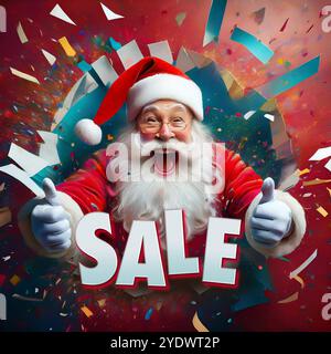 Un Babbo Natale selvaggio e pazzo che esce da un muro di carta, circondato da coriandoli - banner di VENDITA - da usare nel tuo negozio online! Foto Stock