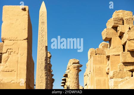 Luxor, Egitto; 16 gennaio 2024: L'obelisco baciato dal sole di Karnak, un magnifico monumento eretto da Thutmose i, è un faro celeste che si è eretto Foto Stock