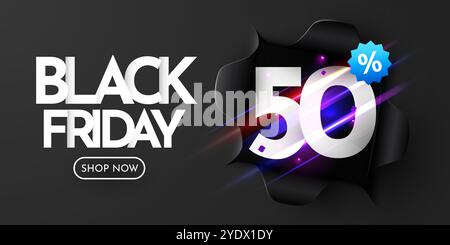 Banner del Black Friday. Carta strappata nera. Sconto del 50%. Illustrazione vettoriale. Illustrazione Vettoriale