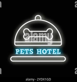 Insegna al neon per animali domestici, hotel con osso di cane su sfondo nero Illustrazione Vettoriale