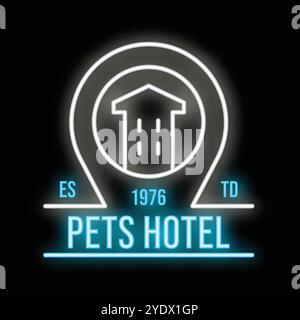 Insegna luminosa al neon che indica la posizione di un hotel per animali domestici fondato nel 1976 Illustrazione Vettoriale