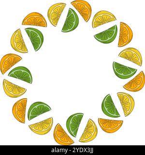 Fette di lime, limone e arancio bordo arrotondato della cornice in un moderno modello minimalista Pop Art Decorative. Copia spazio. Schede illustrative vettoriali isolate, poster, opuscoli, banner, prezzo, promozione sull'etichetta o sul web Illustrazione Vettoriale