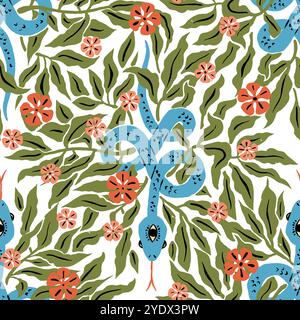 Motivo senza cuciture con serpenti floreali mistici Illustrazione Vettoriale