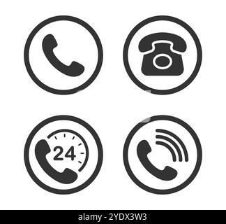 Set di simboli dell'icona di connessione del contatto telefonico. Collezione di forme con il logo del vecchio telefono. servizio 24 ore su 24, 7 giorni su 7. Immagine di illustrazione vettoriale. Isolato su bianco Illustrazione Vettoriale