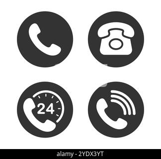 Set di simboli dell'icona di connessione del contatto telefonico. Collezione di forme con il logo del vecchio telefono. servizio 24 ore su 24, 7 giorni su 7. Immagine di illustrazione vettoriale. Isolato su bianco Illustrazione Vettoriale