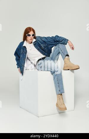 Un adolescente dai lunghi capelli rossi mette in mostra un outfit di tendenza in denim mentre si posa creativamente in uno studio. Foto Stock