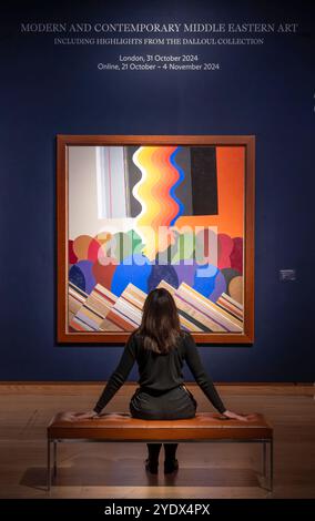 Christie's, Londra, Regno Unito. 28 ottobre 2024. Anteprima dell'arte mediorientale moderna e contemporanea, tra cui Marhala Part 2 (punti salienti della Dalloul Art Collection), con l'asta dal vivo che si terrà il 31 ottobre I punti salienti includono: Marhala parte 2. (Center) Mohamed Melehi (B. 1936, Asilah), senza titolo, stima £ 50.000-70.000. Crediti: Malcolm Park/Alamy Live News Foto Stock