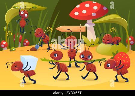 Vita di piccoli insetti. Carine formiche che lavorano e riposano, trasportano cibo e lame d'erba al formicolio, simpatici personaggi per bambini, mascotte di scarabeo infantile, fumetto fla Illustrazione Vettoriale