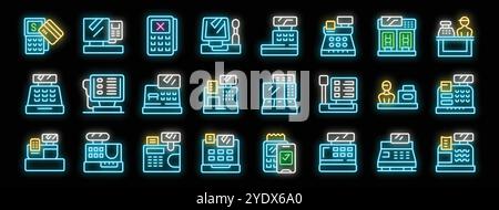 Icone al neon luminose che rappresentano vari sistemi POS, registratori di cassa e metodi di pagamento, evidenziano le transazioni al dettaglio moderne Illustrazione Vettoriale
