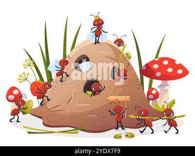 Un inno cartoni animati con formiche divertenti. Piccoli insetti che vivono nella foresta, simpatici personaggi eseguono azioni diverse, portano il cibo nelle tane, adorabile creatura comica Illustrazione Vettoriale