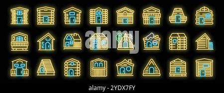 Set di icone di case in legno al neon caratterizzate da vari stili architettonici, brillanti su uno sfondo scuro Illustrazione Vettoriale