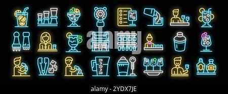 Icone al neon che rappresentano vari aspetti del bartending, della preparazione di cocktail e del servizio bar Illustrazione Vettoriale