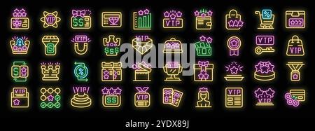 Icone al neon che rappresentano vari aspetti del trattamento vip, tra cui accesso esclusivo, servizi premium, programmi a premi e offerte speciali Illustrazione Vettoriale