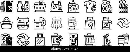 Set di icone per la riduzione dei rifiuti. Le icone raffigurano scelte eco-compatibili, dai sacchi e cannucce riutilizzabili al riciclaggio e alla riduzione dei rifiuti, promuovendo una vita sostenibile Illustrazione Vettoriale