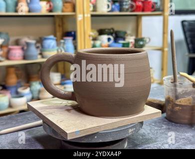 Il processo di pittura di un vaso in ceramica durante una masterclass. Creatività e attenzione ai dettagli in ogni pennellata, per creare un'esclusiva artwor in ceramica Foto Stock