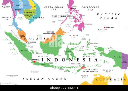 Indonesia, paese nel sud-est asiatico e Oceania, mappa politica a colori. Repubblica e arcipelago con la capitale Giacarta e le isole più grandi. Foto Stock