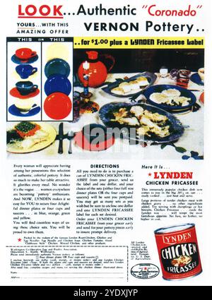 1938 Lynden Chicken fricassee ad - autentiche ceramiche Coronado Vernon Foto Stock