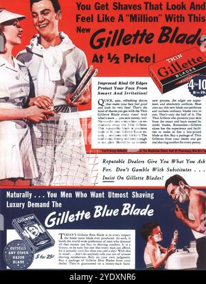 1939 Gillette Razor ad - Thin Gillette Blades e Gillette Blue Blades Foto Stock