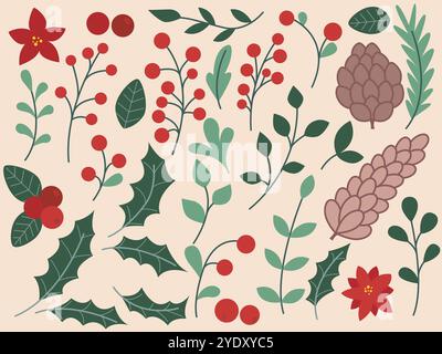 Set botanico per Natale e Capodanno. Rami di abete, agrifoglio, erbe, fiori, coni, frutti di bosco e poinsettia clip art. Decorazioni natalizie, disegno a mano Illustrazione Vettoriale