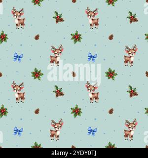 Motivo ad acquerello natalizio. Motivo natalizio senza cuciture con un bel prato, foglie agrillate e pinecone e fiocco blu natalizio. Foto Stock